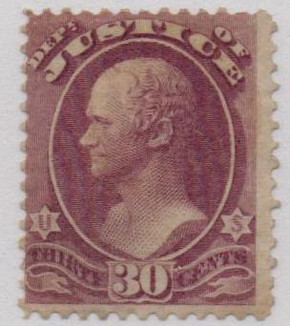 O33 - 1873 30c Department of Justice Official, Purple, Hard Paper