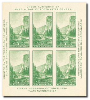 751 - 1934 1c Yosemite, California, Green, Souvenir Sheet