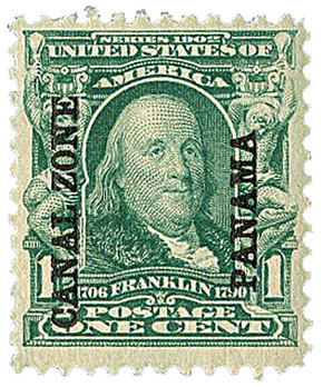 CZ4 - 1904 1c Franklin, Blue Green, Canal Zone Overprint Reading Up