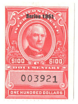 R583 - 1951 $100 U.S. Internal Revenue Stamp, Carmine, No Gum