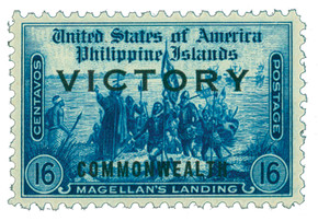 PH491 - 1945 16c Magellan's Landing, Dark Blue, Philippine Islands, Victory & Commonwealth Overprint in Black