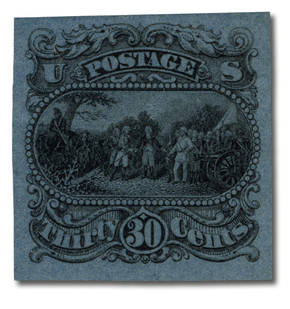 121-E1p - 1869 30c Surrender of General Burgoyne Essay, Plate in Black on Thin Surface Tinted Paper, Various Colors, Mystic's Choi