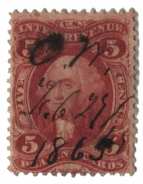 R28d - 1862-71 5c U.S. Internal Revenue Stamp, Playing Cards, Red, Silk Paper