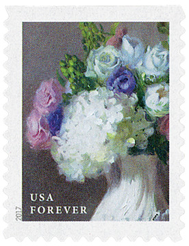 5238 - 2017 First-Class Forever Stamp - Flowers from the Garden (booklet): White Hydrangeas with Roses in a White Vase