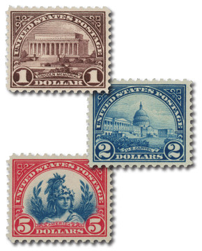 571-73 - 1923 $1 Lincoln Memorial, $2 US Capitol & $5 America, Perf. 11, Set of 3 Stamps