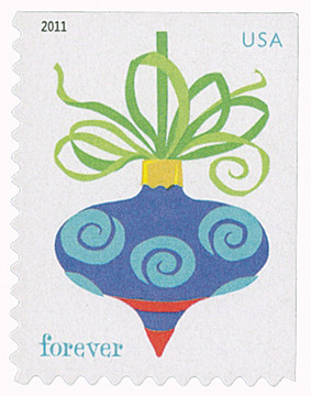 4572 - 2011 First-Class Forever Stamp - Holiday Baubles: Blue and Red Spiral Design Ornament (Ashton Potter)