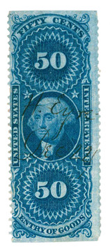 R55b - 1862-71 50c U.S. Internal Revenue Stamp, Entry of Goods, Blue, Part Perf.