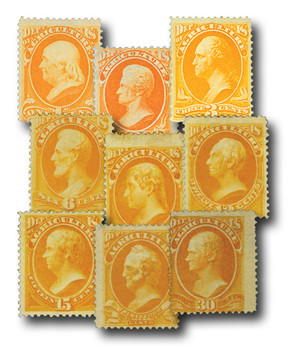 O1-9 - 1873 Department of Agriculture Officials, Yellow, Hard Paper, Complete Set of 9 Stamps