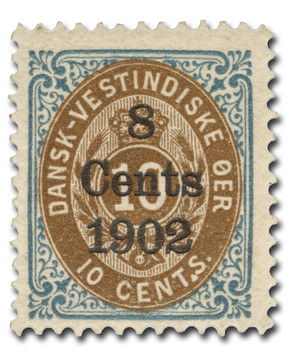 DWI28a - 1902 8c on 10c Blue & Brown, Danish West Indies , Period Between "t & s" of "cents"