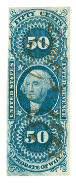 R62a - 1862-71 50c  U.S. Internal Revenue Stamp, Probate of Will, Blue, Imperf.