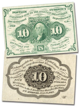 PC6 - 1862 10c Bust of Washington on 10c Stamp, Green, Postage Currency, ABCo. Imprint on Lower Right Corner on Back, Imperf.