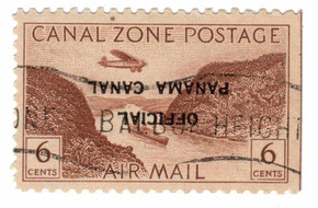 CZCO14a - 1947 6c Canal Zone Official Airmail, Gaillard Cut, Panama Canal Inverted Overprint, Yellow Brown