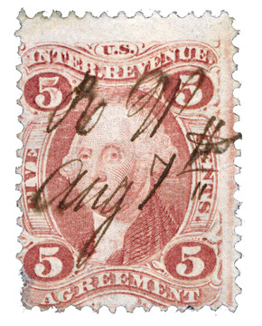 R23 - 1862-71 5c US Internal Revenue Stamp - agreement, old paper, red R23 - 1862-71 5c US Internal Revenue Stamp - agreement, old paper, red
