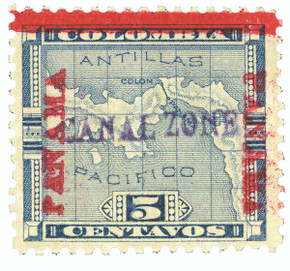 CZ2 - 1904 5c Map of Panama, Blue, Canal Zone Handstamped Violet to Violet Blue Horizontal Overprint