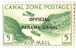 CZCO1 - 1941 5c Canal Zone Official Airmail, Gaillard Cut, Yellow Green, Panama Canal Overprint Type I