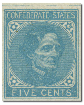 CSA6 - 1862 5c Confederate States - Jefferson Davis - lt blue, hard paper (De La Rue & Co)
