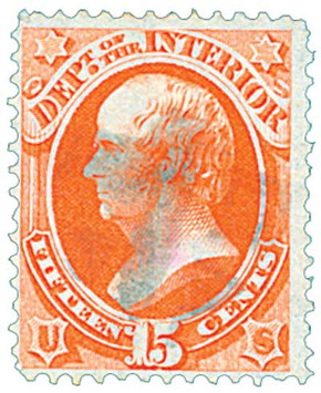 O21 - 1873 15c Department of the Interior Official, Vermillion, Hard Paper
