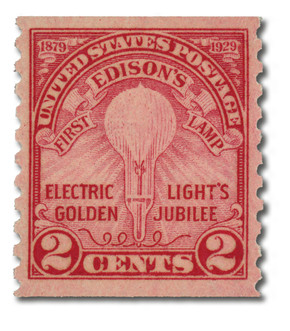656 - 1929 2c Edison's First Lamp, Carmine Rose, Perf. 10 Vertically