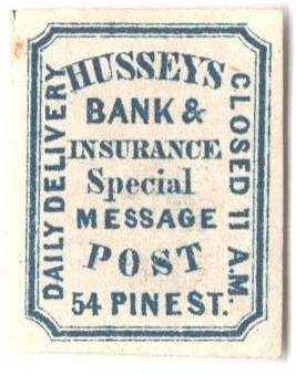 87L45 - 1872 Hussey's Bank & Insurance Special Message Post, Blue on White Paper