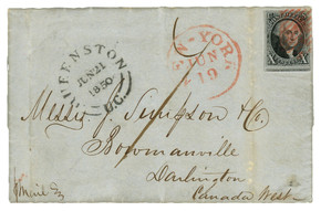 MA1626 - 1847 10c Washington #2 on Cover with Canadian Postmark