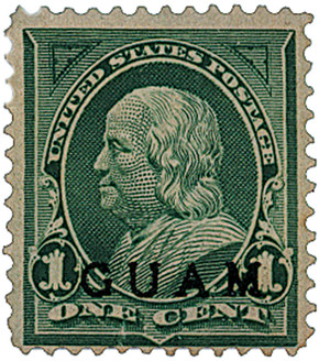 G1 - 1899 1c Franklin, Deep Green, Guam Black Overprint