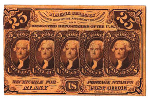 PC7 - 1862 25c, Five 5c Stamps, Jefferson, Brown, Postage Currency, ABCo. Imprint on Lower Right Corner on Back, Imperf.