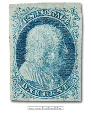 7 - 1851 1c Franklin, Blue, Type II, Imperf. - Mystic Stamp Company