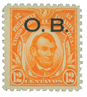 PHO10 - 1931 12c Philippine Islands Official Stamp, Abraham Lincoln, Red Orange, Unwatermarked, Perf. 11, Black Overprint