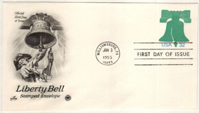 U632 - 1995 32c Cracked Liberty Bell, Greenish Blue & Blue, Stamped Envelope, First Day Cover