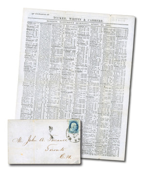 MA1989 - 1861 US #20 on Cover to John Torrance, Toronto, Folded Circular from Tucker Whitin & Carrere of Boston