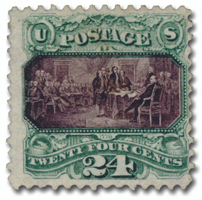 130 - 1875 24c Declaration of Independence, Green and Violet, Hard Paper, No Grill, Perf. 12