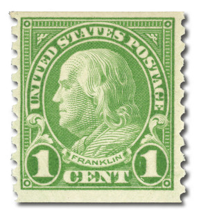 597 - 1923 1c Franklin, Green, Perf. 10 Vertically