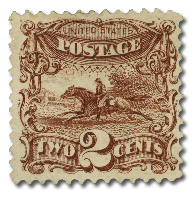 124 - 1875 2c Pony Express, Brown, Hard  White Paper, No Grill, Perf. 12