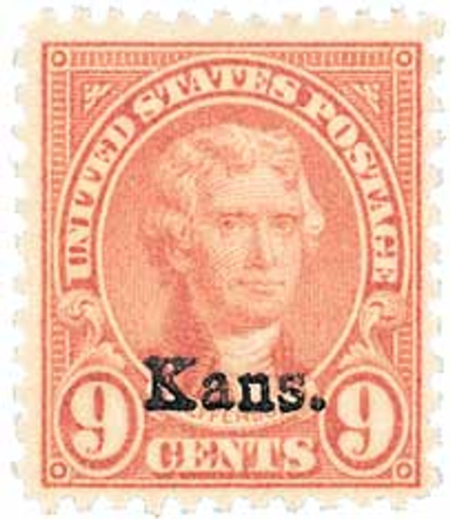 667 - 1929 9c Thomas Jefferson, Light Rose, Kansas Overprint
