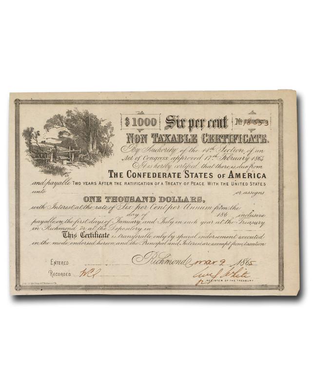 MA2112 - 1865 Confederate Non-Taxable Certificate
