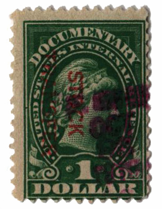 RD11a - 1918-22 $1 Stock Transfer Stamp, green overprint Reading Down
