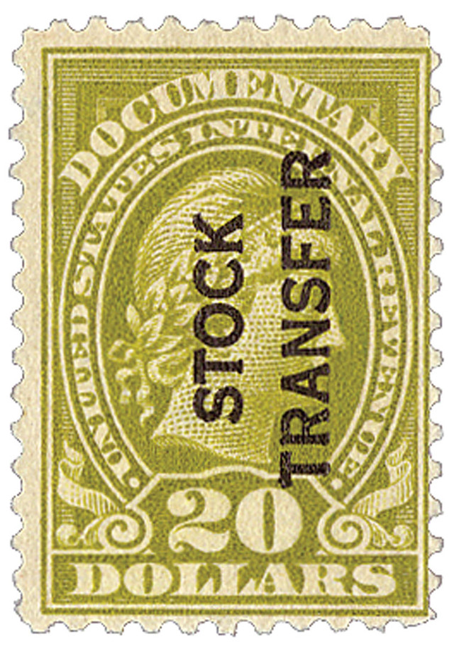 RD18 - 1918-22 $20 Stock Transfer Stamp, olive bister,vertical overprint,perf 11