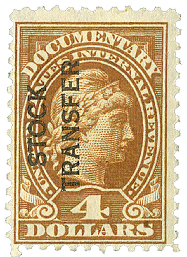 RD15 - 1918-22 $4 Stock Transfer Stamp, yellow brown, vertical overprint, perf 11