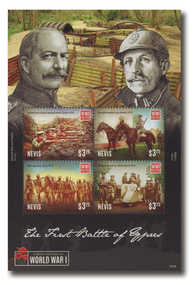 MFN414 - 2015 $3.25 Famous Battles of World War I, The First Battle of Ypres, Mint Sheet of 4, Nevis