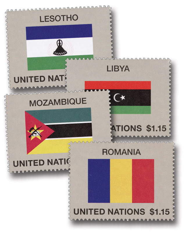 UN1179-82 - 2018 $1.15 Flags: Lesotho, Libya, Mozambique & Romania