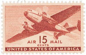 C28 - 1941 15c Twin-Motored Transport Plane, Brown Carmine