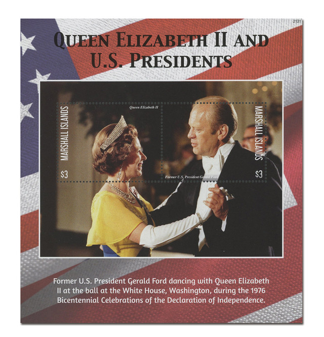MFN216 - 2021 $3 Queen Elizabeth II and US Presidents: Gerald Ford, Mint Souvenir Sheet, Marshall Islands