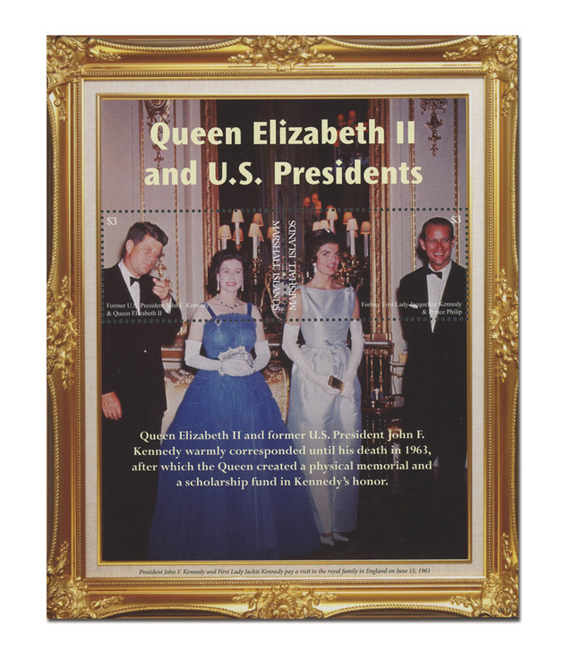 MFN214 - 2021 $3 Queen Elizabeth II and US Presidents: John F. Kennedy, Mint Souvenir Sheet, Marshall Islands