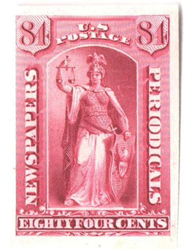 PR88P4 - 1885 84c Newspaper & Periodical Stamp - plate proof on card, carmine