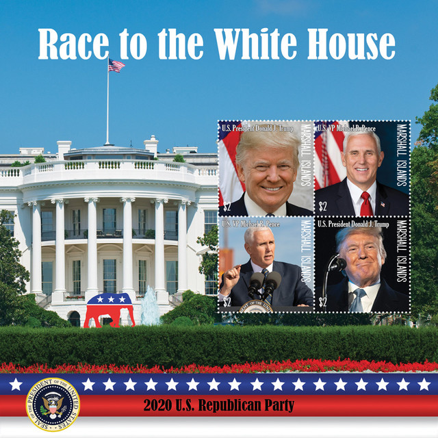 MFN073 - 2020 $2 Race to the White House - Donald J Trump and Michael R Pence, Mint Sheet, Marshall Islands