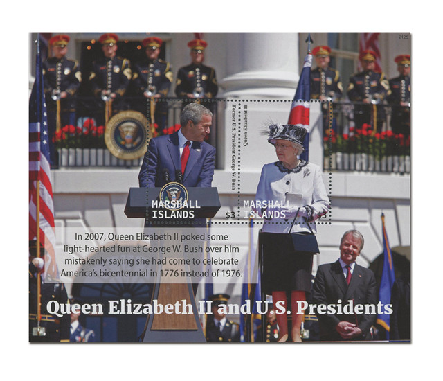 MFN220 - 2021 $3 Queen Elizabeth II and US Presidents: George W. Bush, Mint Souvenir Sheet, Marshall Islands