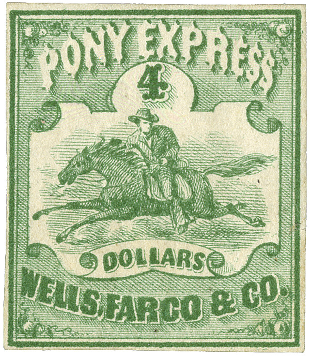 143L2 - 1861 $4 Wells Fargo Pony Express, Green on White Paper