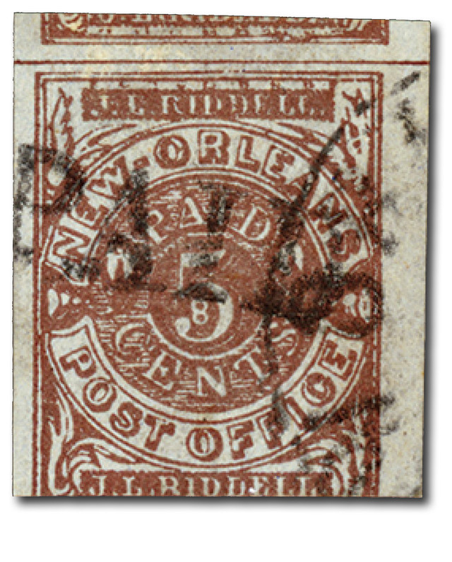 CSA62X4 - 1861 5c New Orlean's, LA, Confederate Postmasters' Provisional, Red Brown