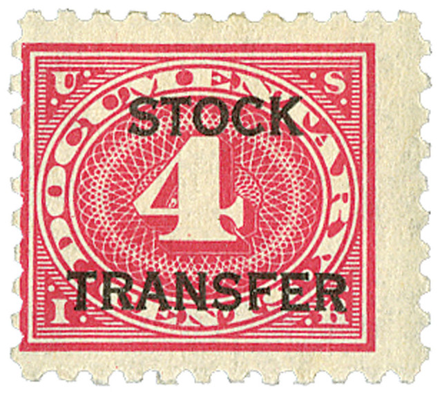 RD26 - 1928 4c Stock Transfer Stamp, carmine rose, horizontal overprint, perf 10