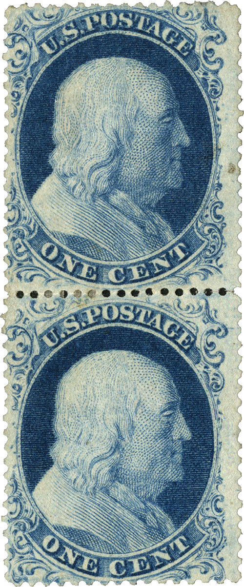18,20 - 1861 1c Franklin, Blue, Types I & II, Perf. 15.5, Pair
